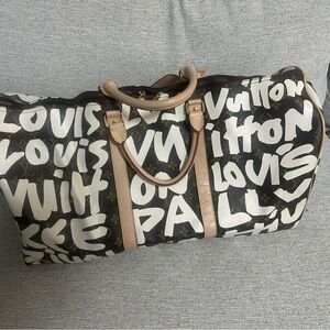Louis Vuitton Black and White Graffiti Keepall Duffel with Tan Trim